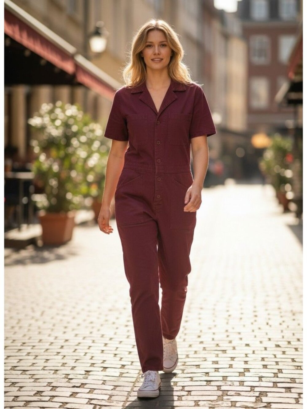 Pistola Grover Field Suit Womens M Burgundy Utility Jumpsuit Cotton Button Front